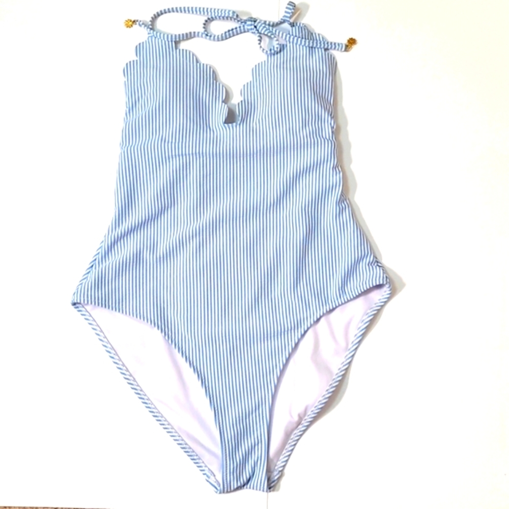 Jessica Simpson Seersucker Blue and White Stripe One Piece Halter Swimsuit Med